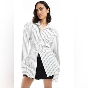 Linda Allard Silk White and Black Button Down Shirt